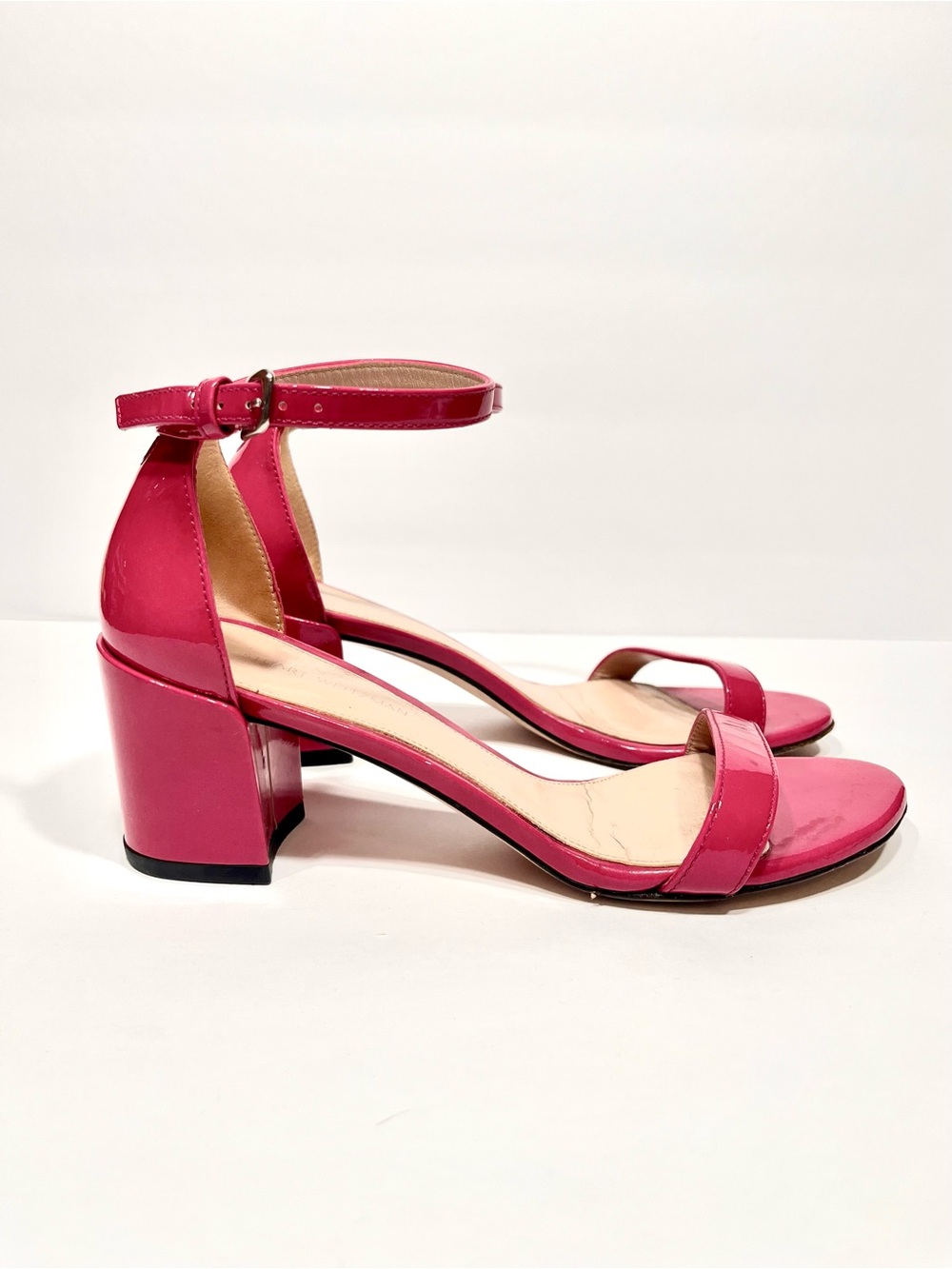 Stuart Weitzman Hot Pink Patent Block Heel Sandals with Ankle Strap